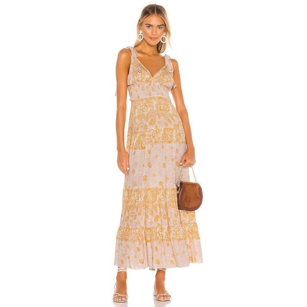 Free People Let's Smock About It Maxi Dress Womens Medium Yellow Paisley Boho